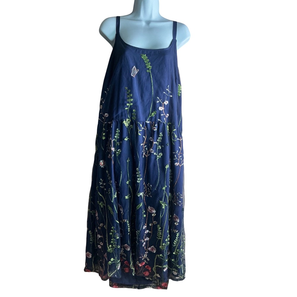 BloomChic Navy Blue Floral Butterfly Embroidered Mesh Maxi Dress Womens Plus 26